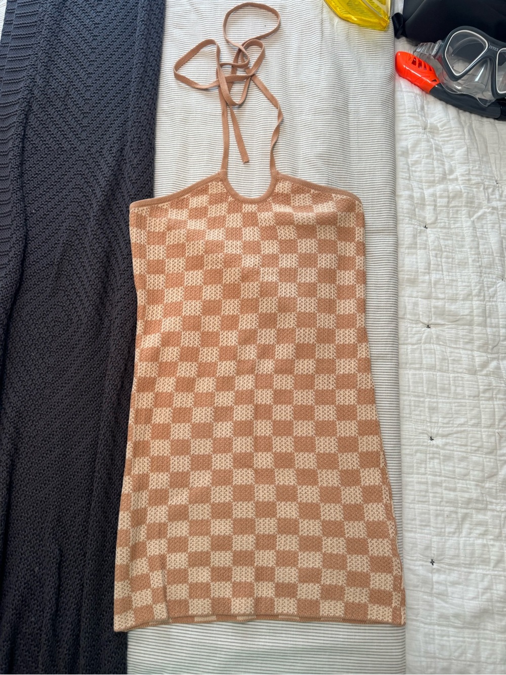 Pink Lilly Tie-Neck Checker Knit Dress in Beige and Cream